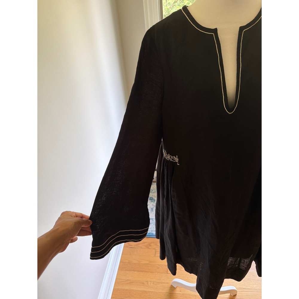 Merlette New York Black Linen Embroidered Split Neck Tunic Dress Long Sleeve - Picture 4 of 9